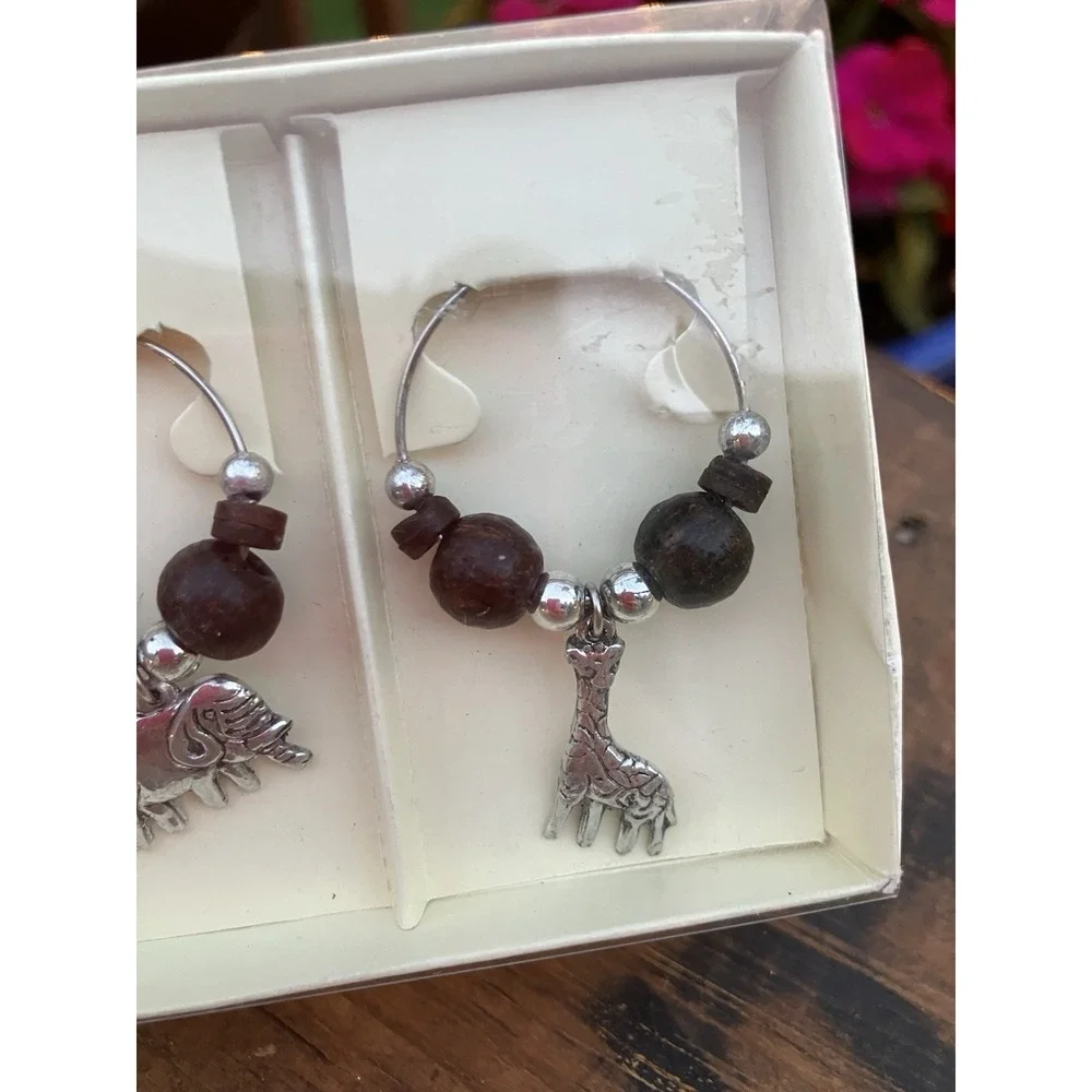 Vintage Pier 1 Imports Safari Wine Glass Charms Set of 6 Animal Stem Markers NIB